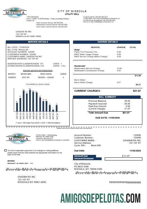 realista Modelo de conta de serviços públicos da cidade de Missoula, EUA, em formatos Word e PDF